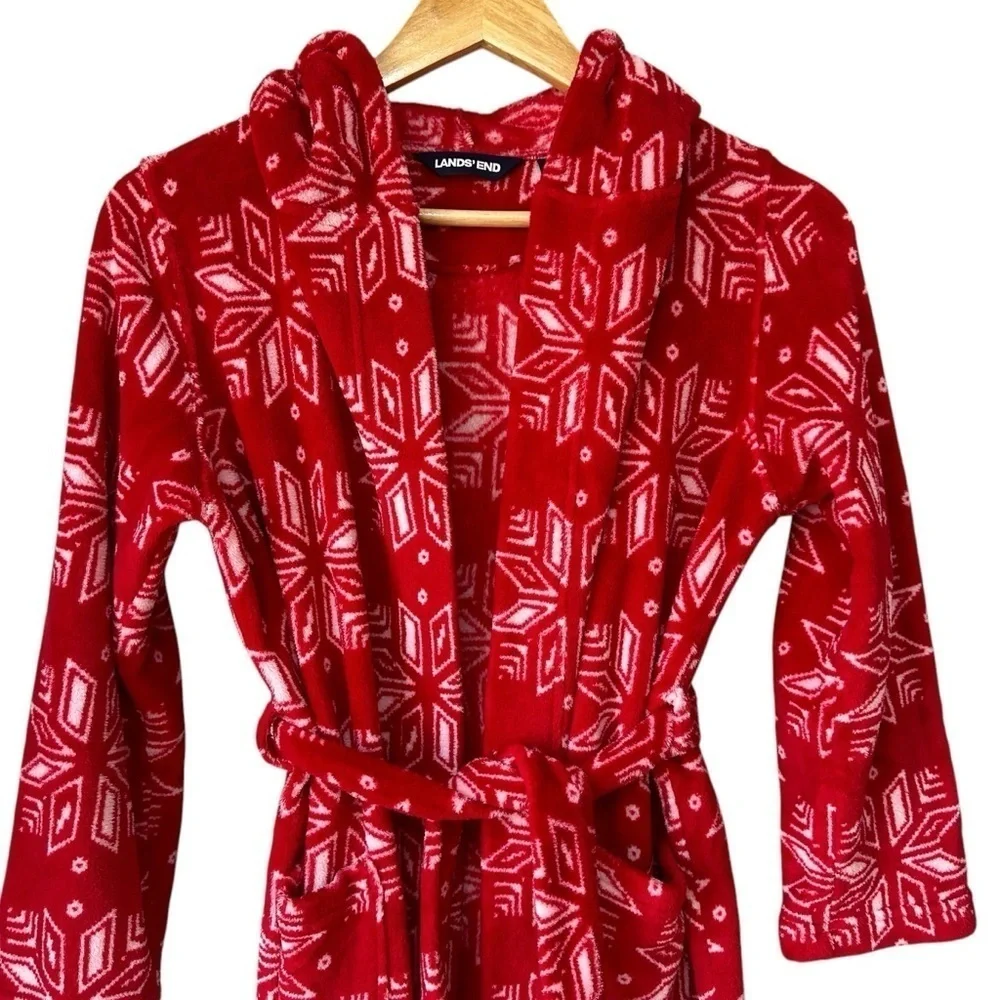 Lands' End Kids Fleece Hooded Robe, Christmas red with white snowflakes, 12